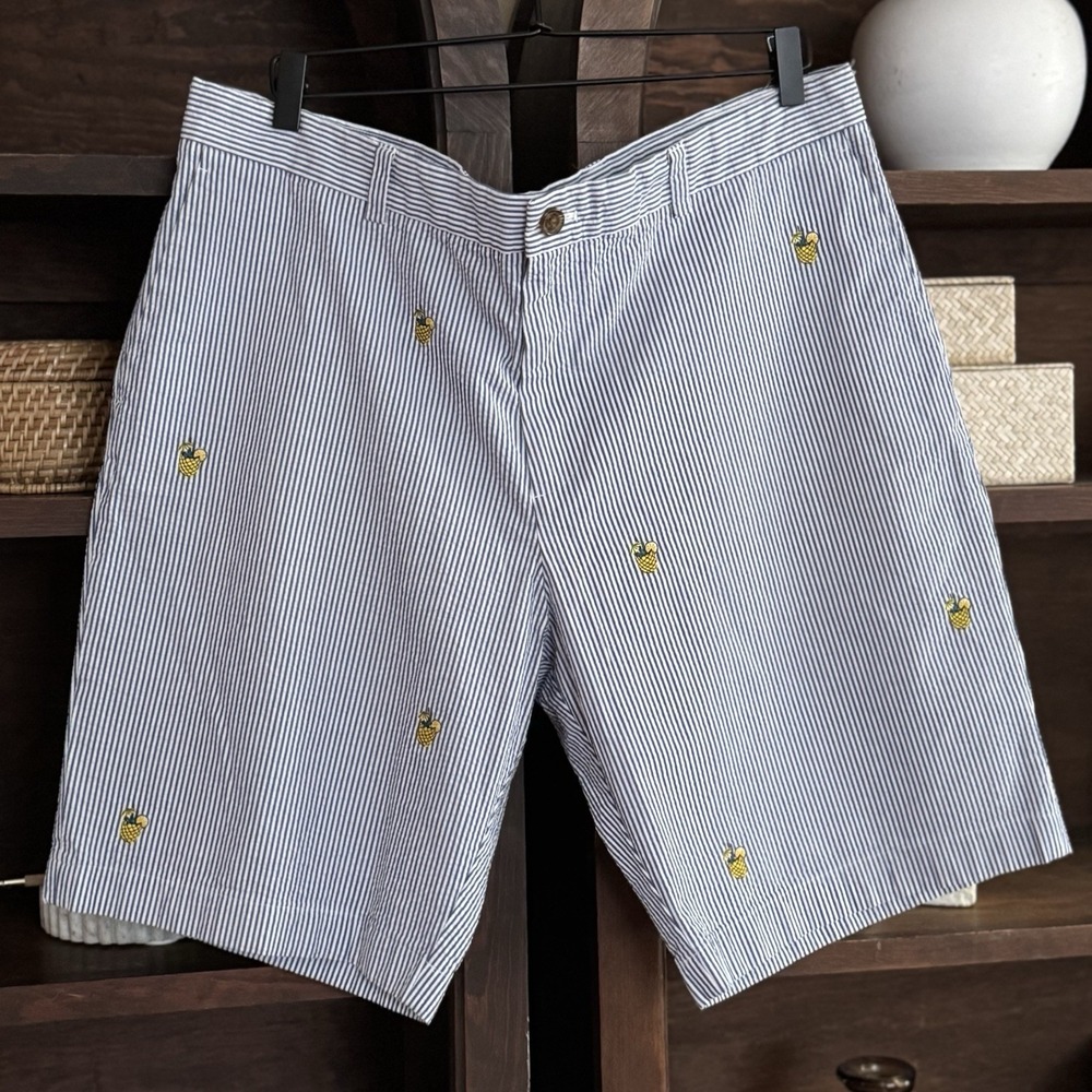 Brooks Brothers Seersucker Bermuda Shorts Men's 40 Blue Stripe Pineapple Print